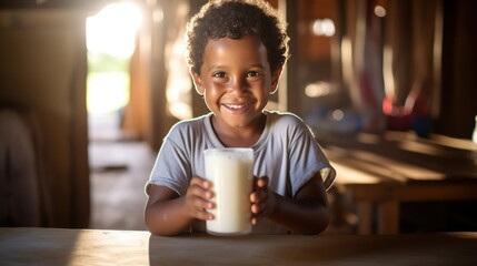 Smiling boy with a glass of milk - obrazy, fototapety, plakaty
