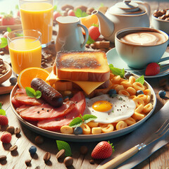 big breakfast with toast, egg, bacon, coffee and orange juice