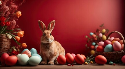 A red easter announcement or advertising banner with an easter rabbit, easter eggs and spring flowers. Generative AI. - obrazy, fototapety, plakaty