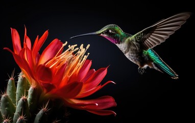 Fototapeta premium Hummingbird hovers and feeds on a wormwood flower, close-up