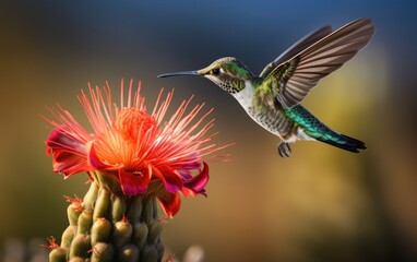 Hummingbird hovers and feeds on a wormwood flower, close-up