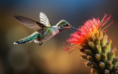 Obraz premium Hummingbird hovers and feeds on a wormwood flower, close-up
