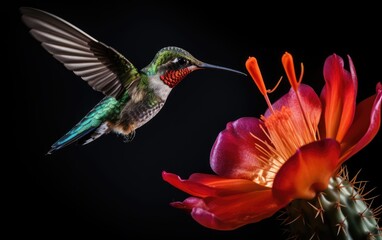 Hummingbird hovers and feeds on a wormwood flower, close-up