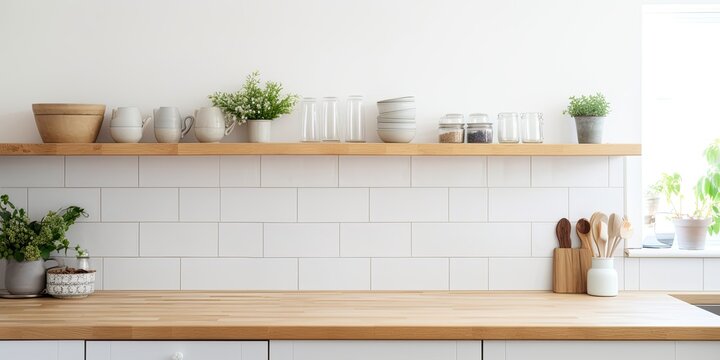 Modern white kitchen with a wooden worktop and Scandinavian style accessories.