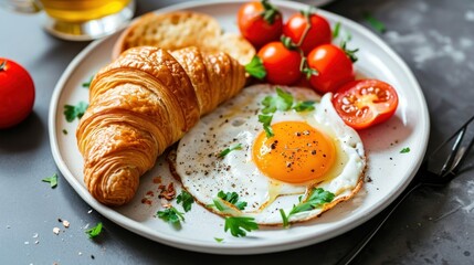 Eggsquisite Morning Delight, Culinary Fusion of Fluffy Croissants and a Perfectly Cooked Egg on a Snow-White Plate