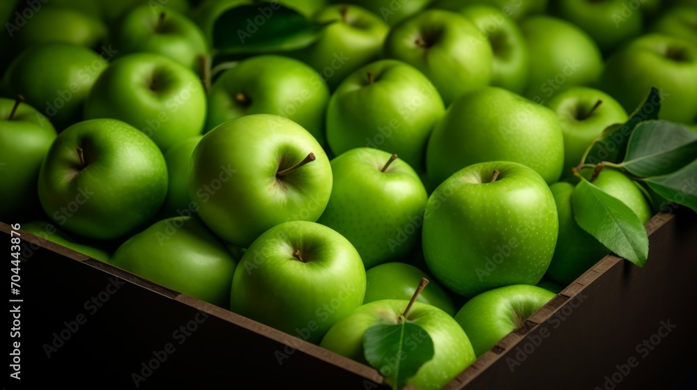 Poster a box packed with crisp green apples, close-up realistic photo generative ai