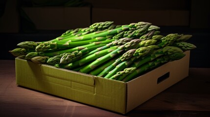 A box overflowing with fresh, green asparagus, close-up realistic photo Generative AI