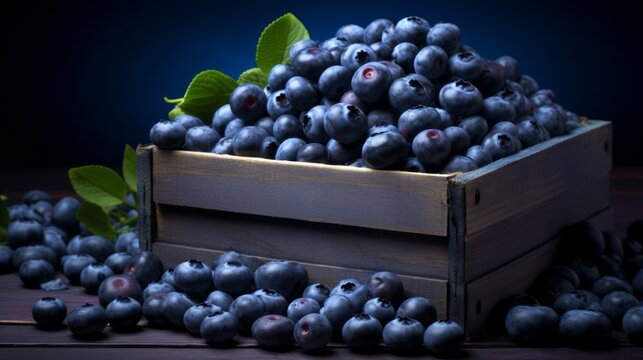 A box overflowing with luscious blueberries, close-up realistic photo Generative AI