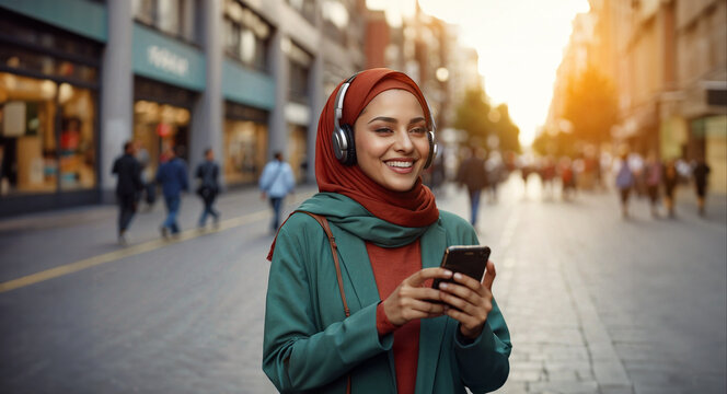 Joyful young muslim woman in hijab listening to music through headphones connected to cell phone while walking around the city center.