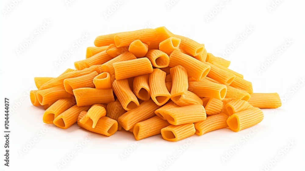 Poster a pile of rigatoni pasta showcased in a close-up realistic photo against a white background generati