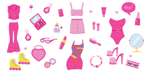 Barbiecore set. Pink trendy set, pink doll aesthetic accessories and clothing. Vector illustration
