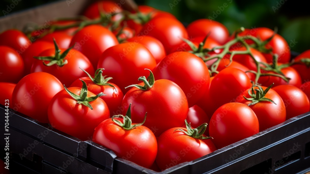 Poster box filled with vibrant red tomatoes, close-up realistic photo generative ai