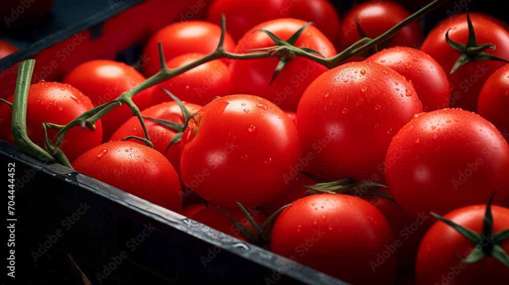 Poster Close-up realistic photo capturing a box filled with juicy red tomatoes Generative AI