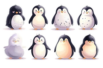 Fototapeta premium Very childish watercolor vintage cartoon cute and charming kawaii penguin clipart vector, organic forms with desaturated light and airy pastel color palette. Great as nursery art.