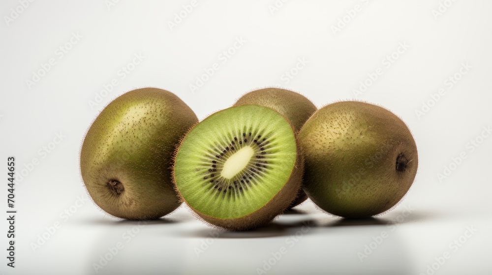 Poster close-up realistic photo featuring three ripe, delicious kiwis on a white background generative ai