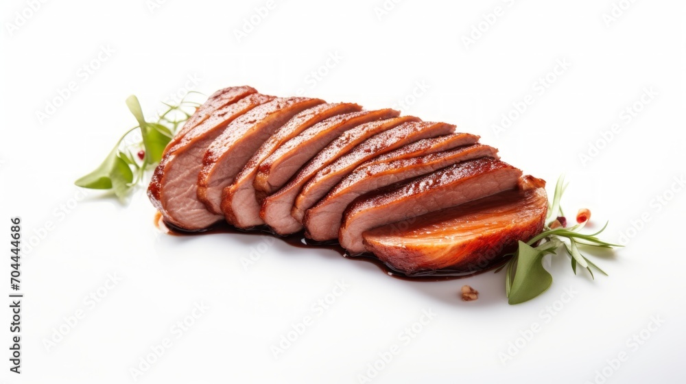 Poster close-up realistic photo of a marinated duck breast against a white background generative ai