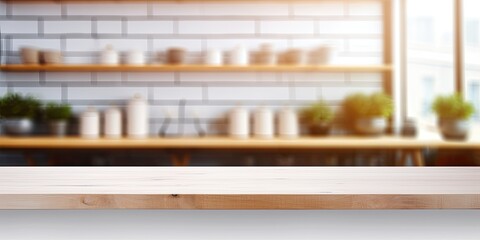 White table presentation with blurred background, empty wooden counter and shelf surface over blurred restaurant backdrop, wooden table top for retail store product display banner.