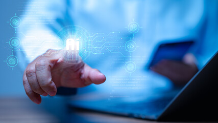 Coding with AI. Programmer huddled with a laptop, codes a secure artificial intelligence system, implementing advanced technology and network management to fortify defenses against potential hackers