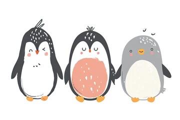 Fototapeta premium Very childish watercolor vintage cartoon cute and charming kawaii penguin clipart vector, organic forms with desaturated light and airy pastel color palette. Great as nursery art.