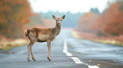 Serendipity Unveiled, Majestic Deer Gracefully Halts Time in the Middle of a Forgotten Road - obrazy, fototapety, plakaty