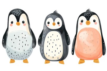 Fototapeta premium Very childish watercolor vintage cartoon cute and charming kawaii penguin clipart vector, organic forms with desaturated light and airy pastel color palette. Great as nursery art.