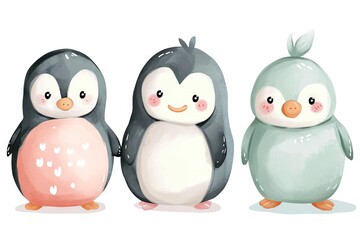 Obraz premium Very childish watercolor vintage cartoon cute and charming kawaii penguin clipart vector, organic forms with desaturated light and airy pastel color palette. Great as nursery art.