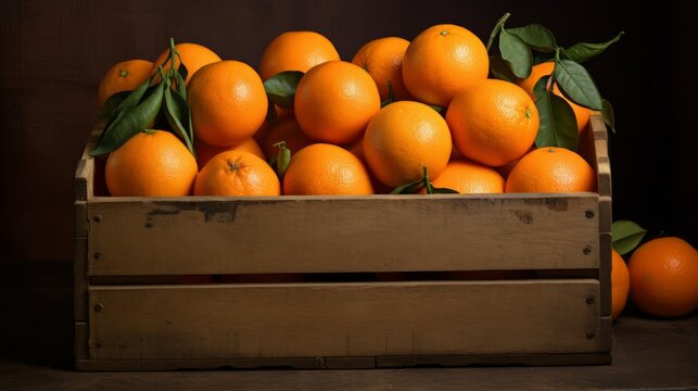 Close-up realistic photo of a box filled with juicy oranges and tangerines Generative AI