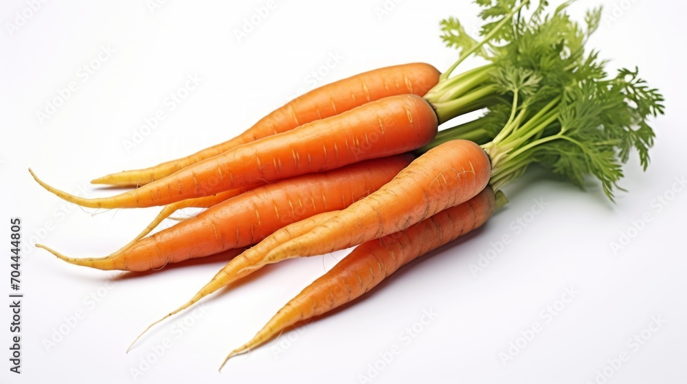 Poster close-up realistic photo showcasing three freshly harvested carrots on a white background generative