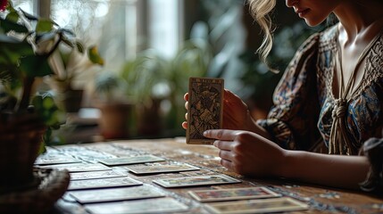 Young woman lays out tarot cards on the table, fortune telling, predicting the future - obrazy, fototapety, plakaty