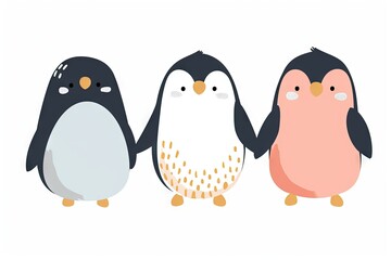 Fototapeta premium Very childish watercolor vintage cartoon cute and charming kawaii penguin clipart vector, organic forms with desaturated light and airy pastel color palette. Great as nursery art.