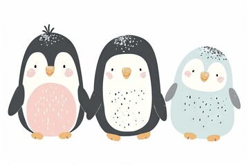 Obraz premium Very childish watercolor vintage cartoon cute and charming kawaii penguin clipart vector, organic forms with desaturated light and airy pastel color palette. Great as nursery art.