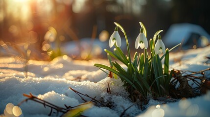 The first spring delicate white snowdrops appeared from under the snow. First sunny day of spring