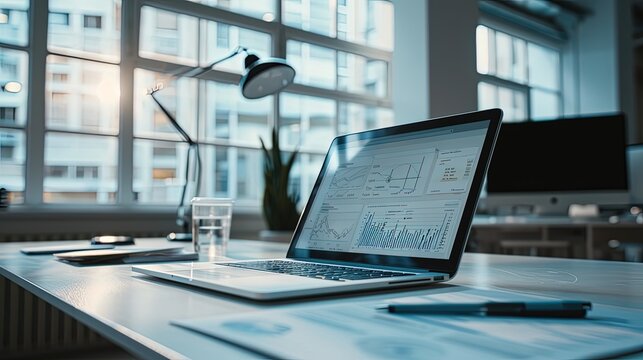 Laptop o the table with economic graphs, charts, diagrams. Business Investment chart of stocks