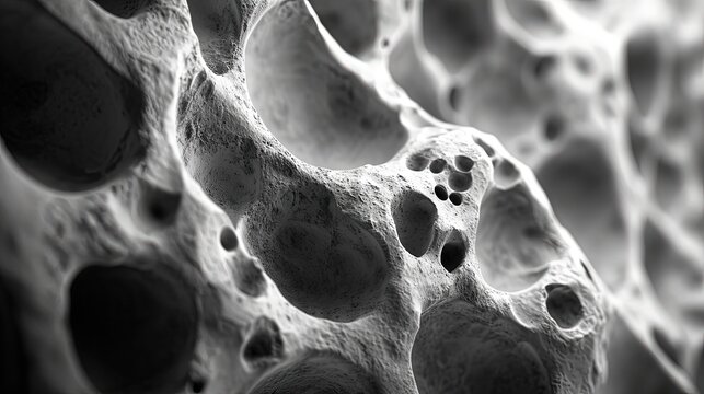 Healthy human bone structure small little many holes porous cavity, spongy texture under a microscope