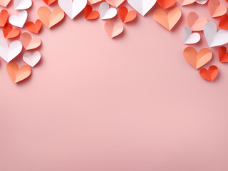 Simple white frame with copy space in paper cut hearts decorations, minimalistic style peach fuzz color background in pastel colors. Border for design card and banner.