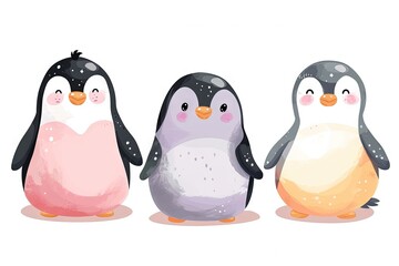 Fototapeta premium Very childish watercolor vintage cartoon cute and charming kawaii penguin clipart vector, organic forms with desaturated light and airy pastel color palette. Great as nursery art.