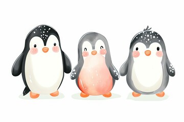 Very childish watercolor vintage cartoon cute and charming kawaii penguin clipart vector, organic forms with desaturated light and airy pastel color palette. Great as nursery art.