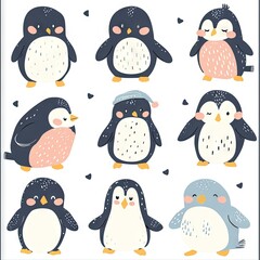Obraz premium Very childish watercolor vintage cartoon cute and charming kawaii penguin clipart vector, organic forms with desaturated light and airy pastel color palette. Great as nursery art.