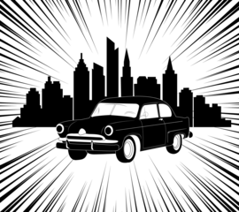 Retro car. Retro car against the background of a landscape of skyscrapers. City background. Speed lines. Design of greeting cards, posters, patches, prints on clothes, emblems.