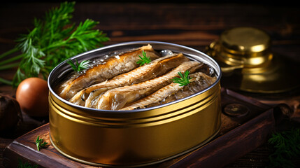 Canned sprats in tin can with bread for making - obrazy, fototapety, plakaty