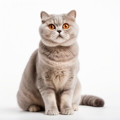 Obraz premium Radiant Scottish Fold Cat sitting on a white background, folded ears, content look Generative AI