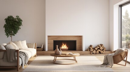 Realistic photo of a Scandinavian-inspired living room, minimalist fireplace, neutral tones, clean design, natural light, simple and serene ambiance Generative AI