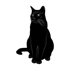 Silhouette of a black cat on a white background. Design of greeting cards, posters, patches, prints on clothes, emblems. Pet.