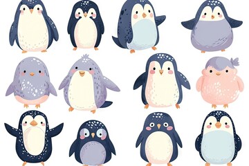 Fototapeta premium Very childish watercolor vintage cartoon cute and charming kawaii penguin clipart vector, organic forms with desaturated light and airy pastel color palette. Great as nursery art.