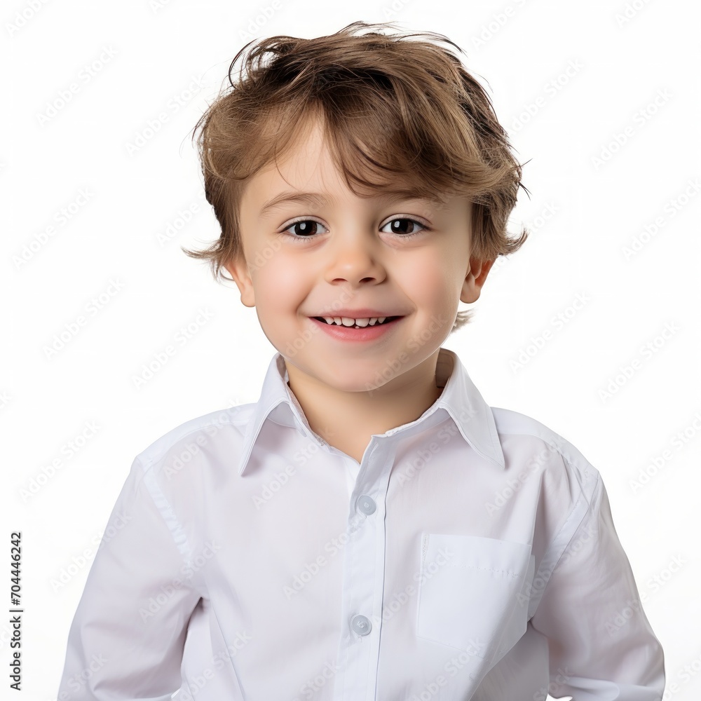 Poster Stock image of a child in a button-up shirt on a plain white background Generative AI