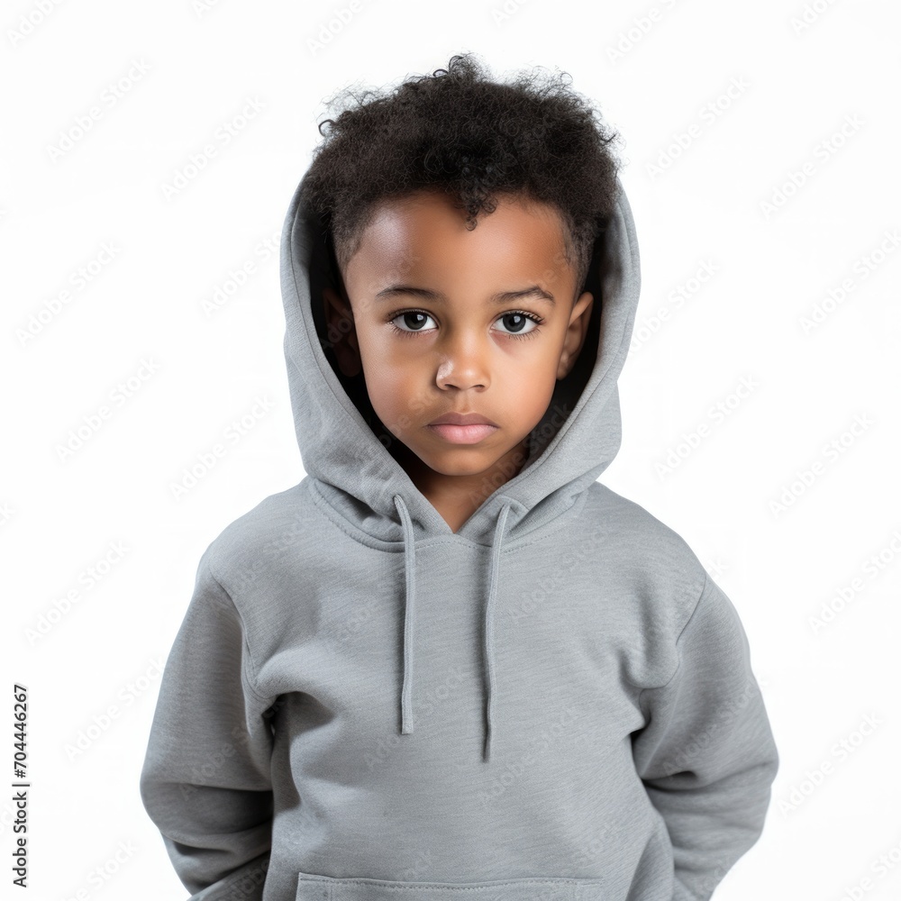 Poster Stock image of a child in a hoodie against a plain white background Generative AI