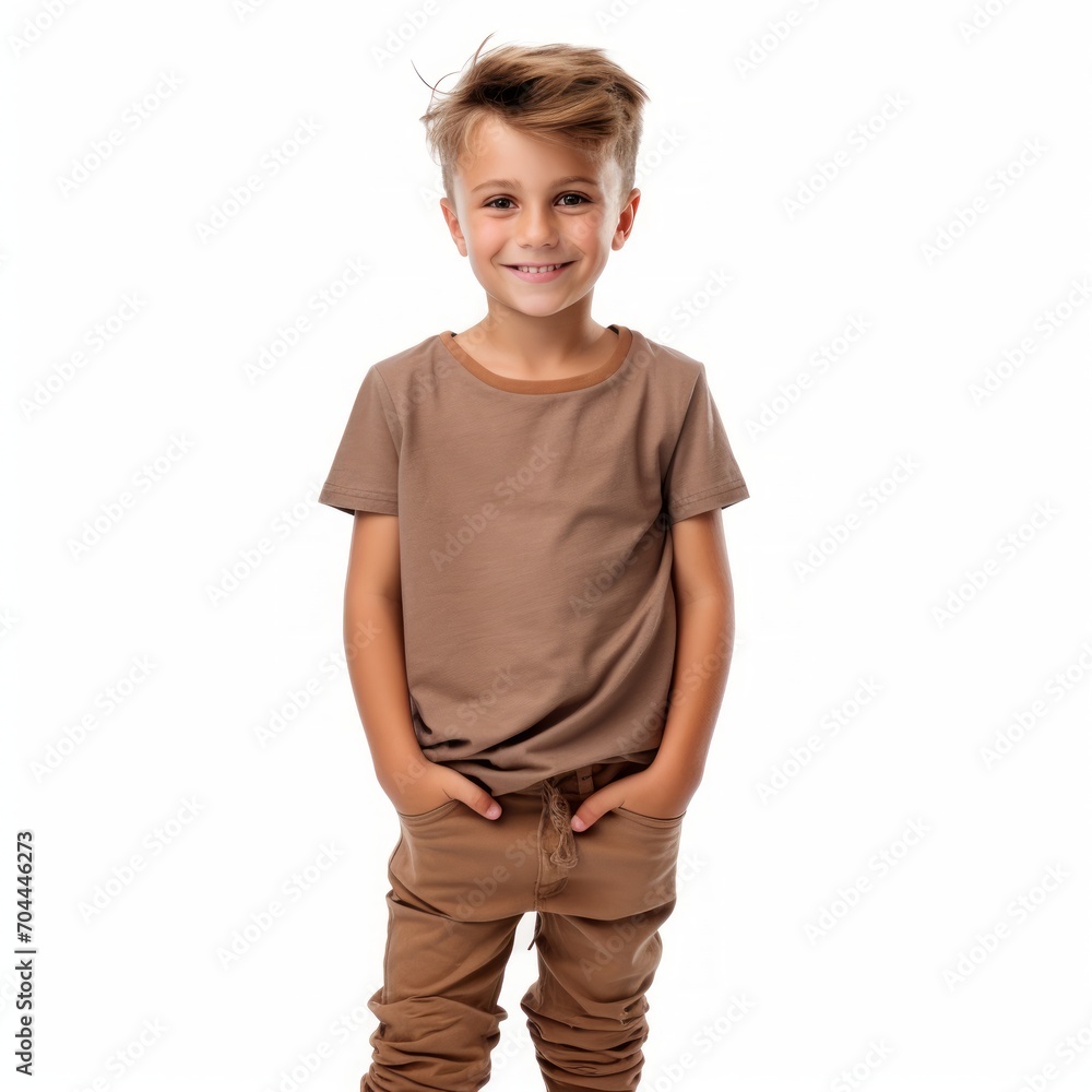 Poster stock image of a child in casual clothing on a plain white background generative ai