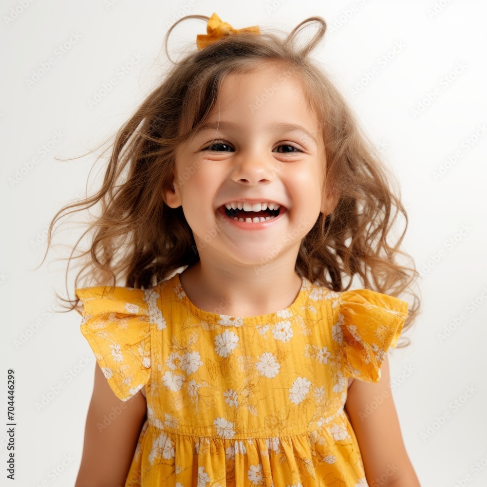 Poster stock image of a child in a summer dress on a white backdrop generative ai