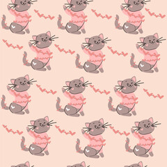 Cute valentines cats and hearts seamless pattern. Print for Valentine's Day. Vector illustration on a pink background