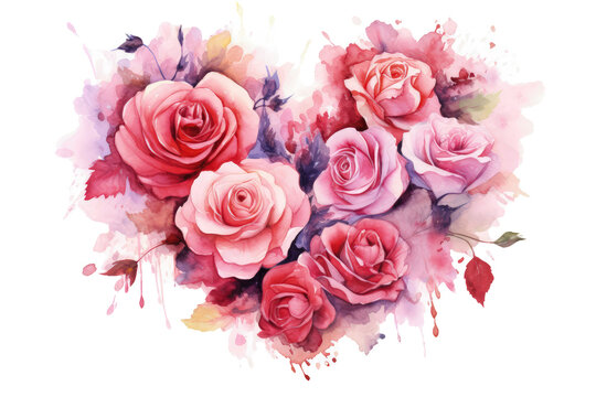Watercolor heart made of roses isolated. Valentine's Day postcards and greeting cards design.